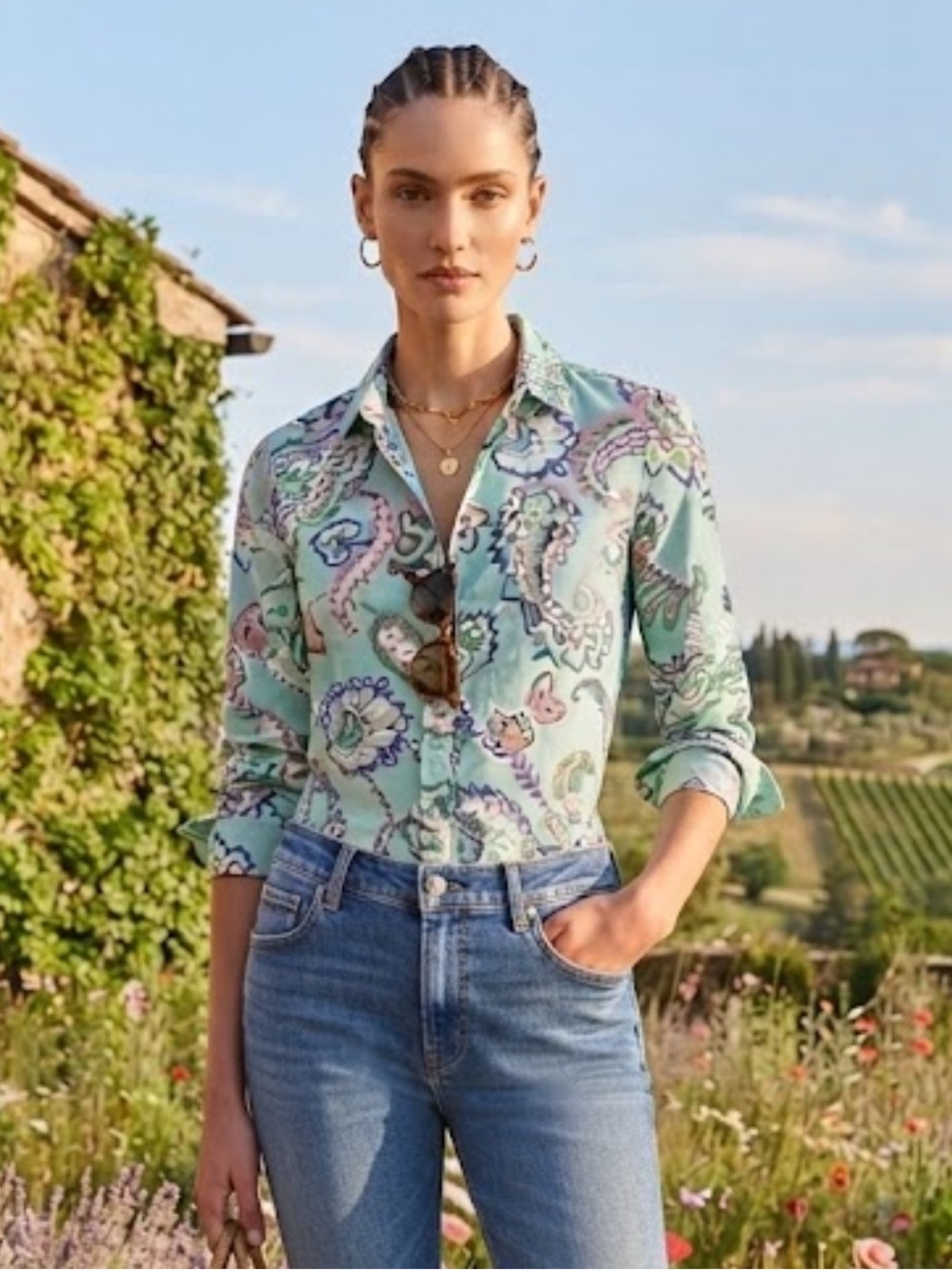 Talbots 100% Cotton Mint Green Paisley Button-Up Shirt with Pink n Navy Accents
